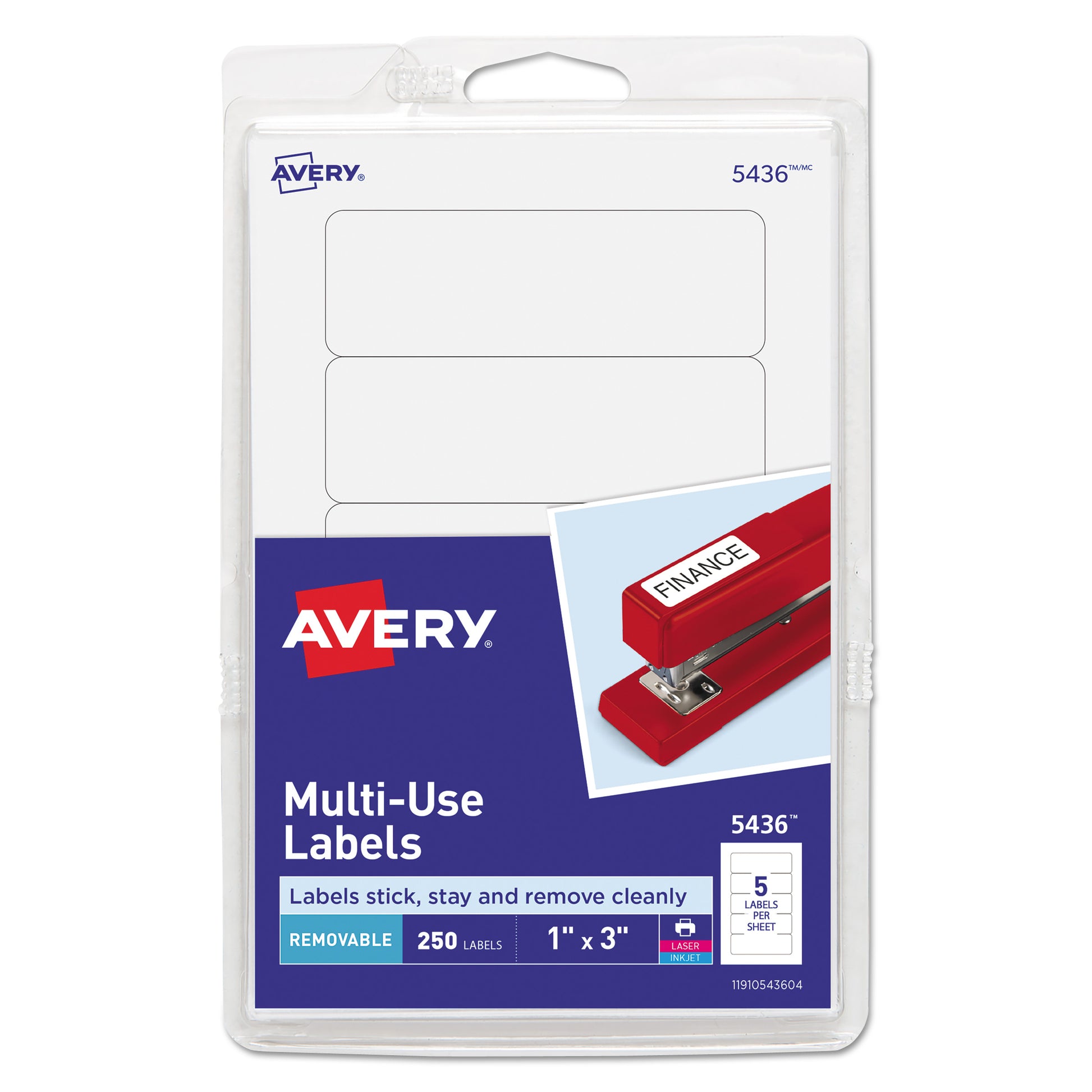 Avery Removable Multi-Use Labels, Inkjet/Laser Printers, 1 x 3, White, 5/Sheet, 50 Sheets/Pack, (5436) (05436)