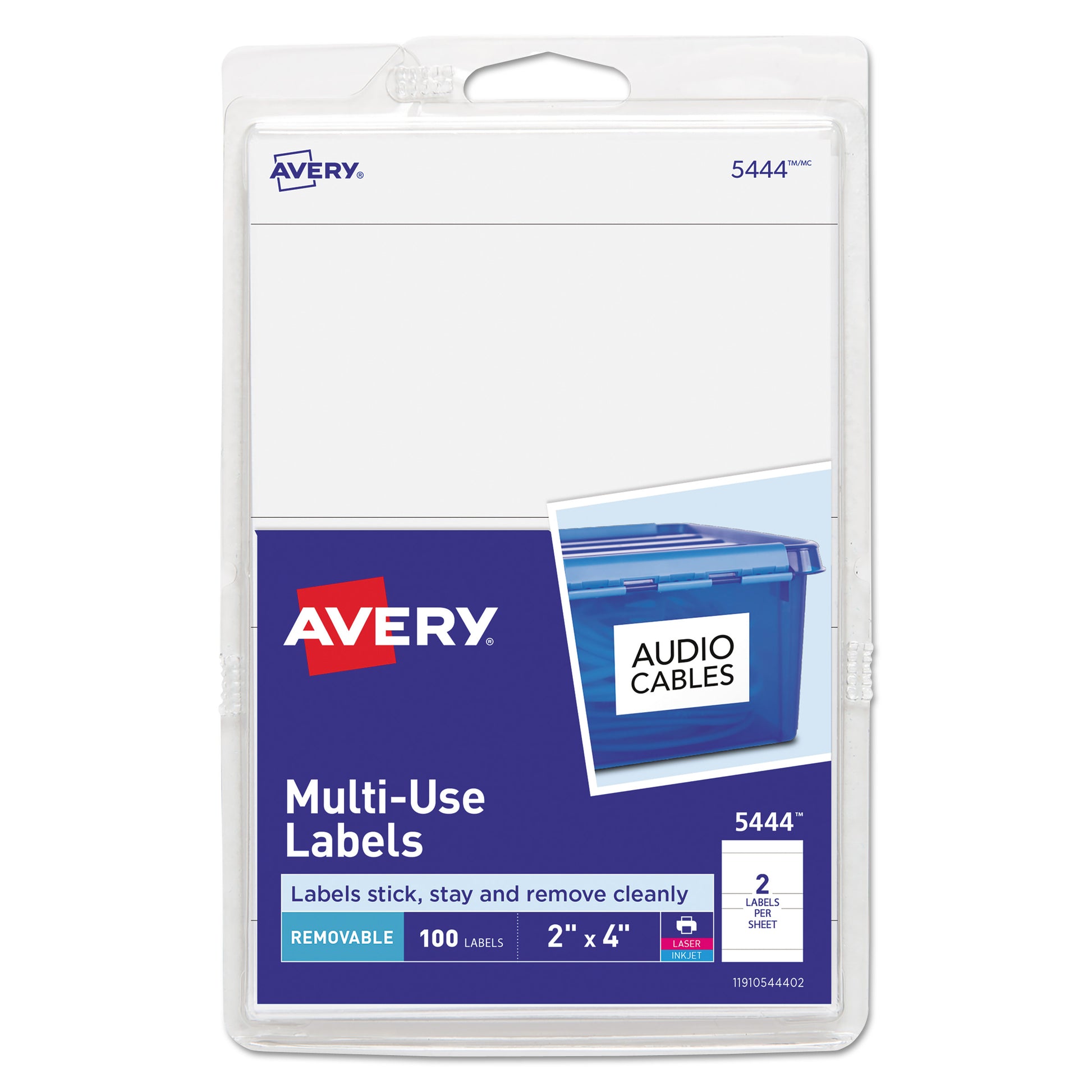 Avery Removable Multi-Use Labels, Inkjet/Laser Printers, 2 x 4, White, 2/Sheet, 50 Sheets/Pack, (5444) (05444)