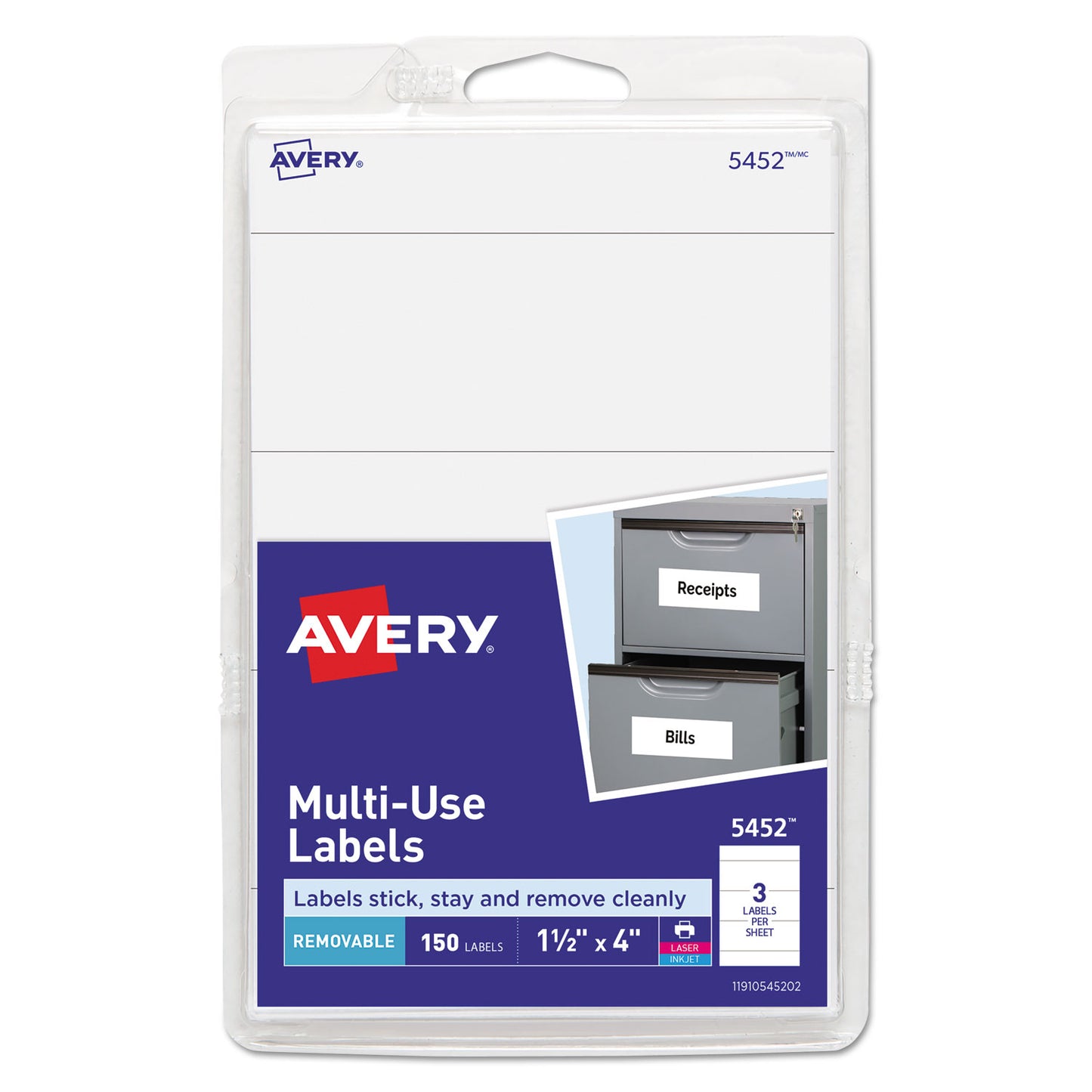 Avery Removable Multi-Use Labels, Inkjet/Laser Printers, 1.5 x 4, White, 3/Sheet, 50 Sheets/Pack, (5452) (05452)