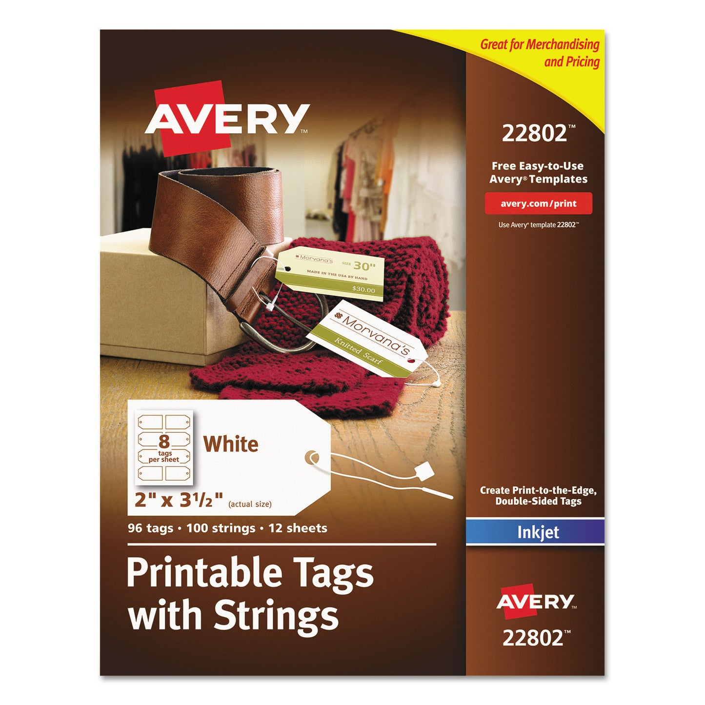 Avery Printable Rectangular Tags with Strings, 2 x 3.5, Matte White, 96/Pack (22802)