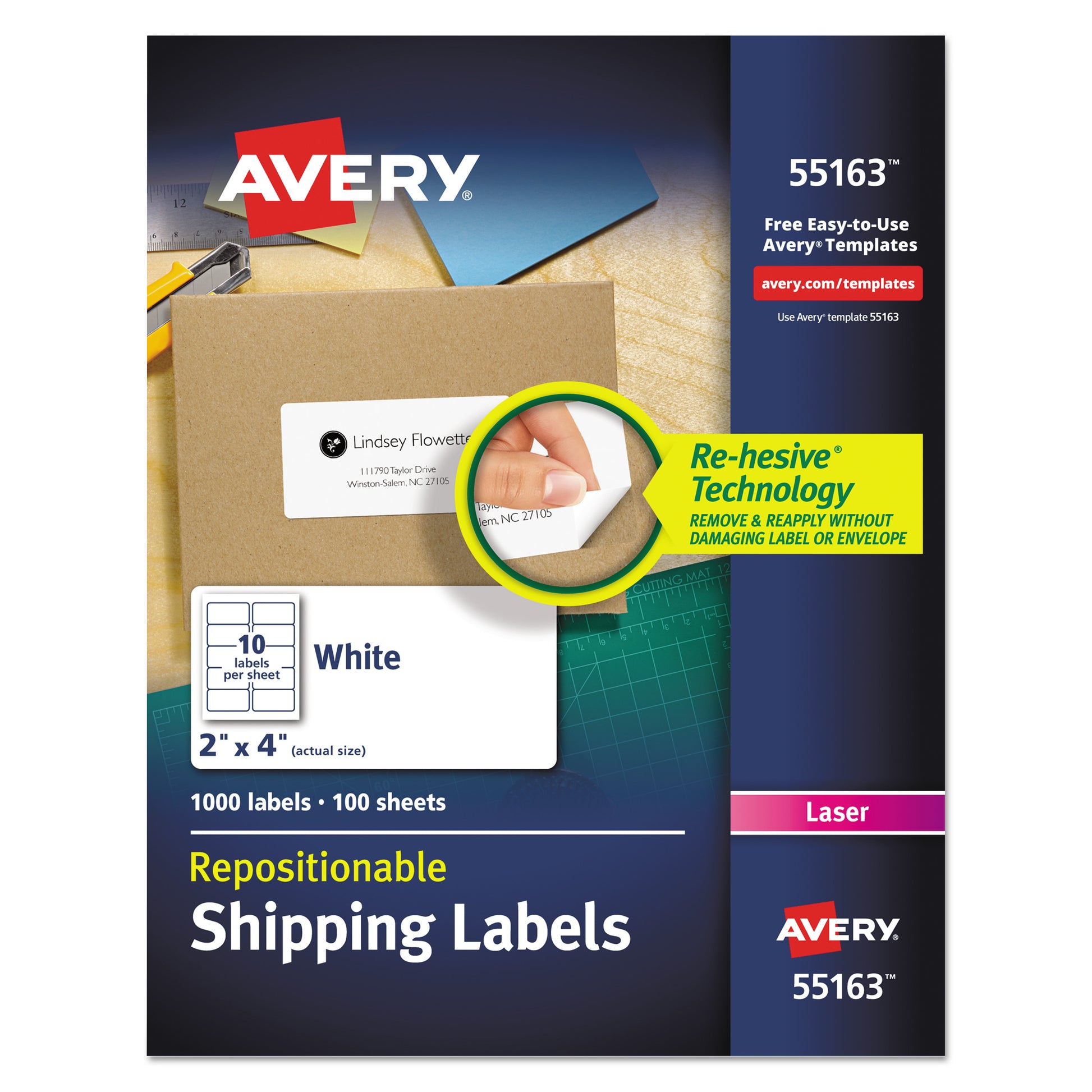 Avery Repositionable Shipping Labels w/Sure Feed, Inkjet/Laser, 2 x 4, White, 1000/Box (55163)