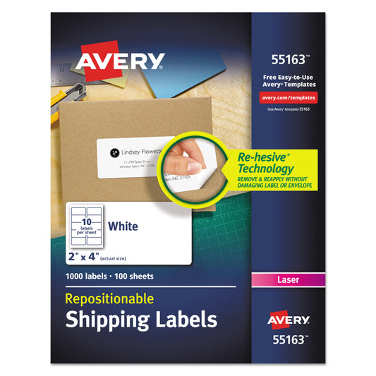 Avery Repositionable Shipping Labels w/Sure Feed, Inkjet/Laser, 2 x 4, White, 1000/Box (55163)