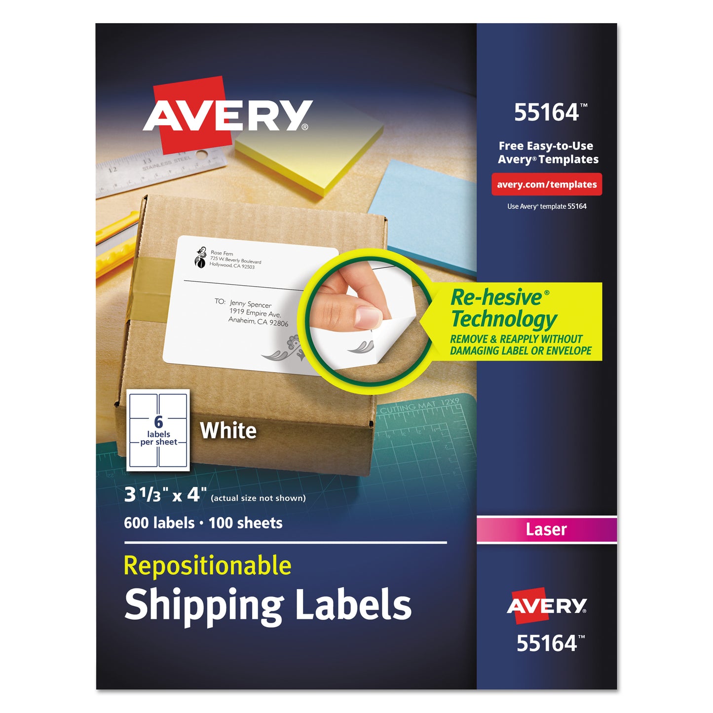Avery Repositionable Shipping Labels w/SureFeed, Laser, 3.33 x 4, White, 600/Box (55164)