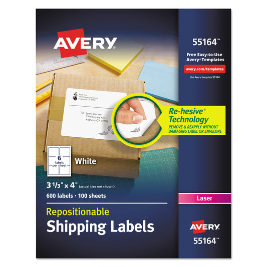 Avery Repositionable Shipping Labels w/SureFeed, Laser, 3.33 x 4, White, 600/Box (55164)