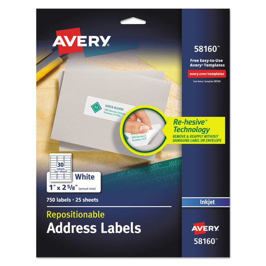 Avery Repositionable Address Labels w/SureFeed, Inkjet/Laser, 1 x 2.63, White, 750/BX (58160)