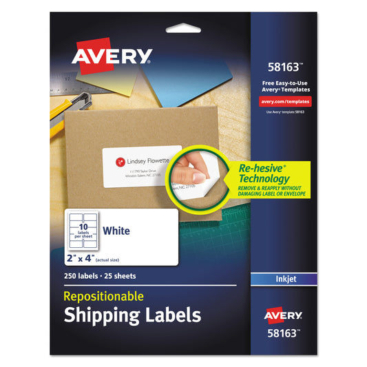 Avery Repositionable Address Labels w/Sure Feed, Inkjet/Laser, 2 x 4, White, 250/Box (58163)