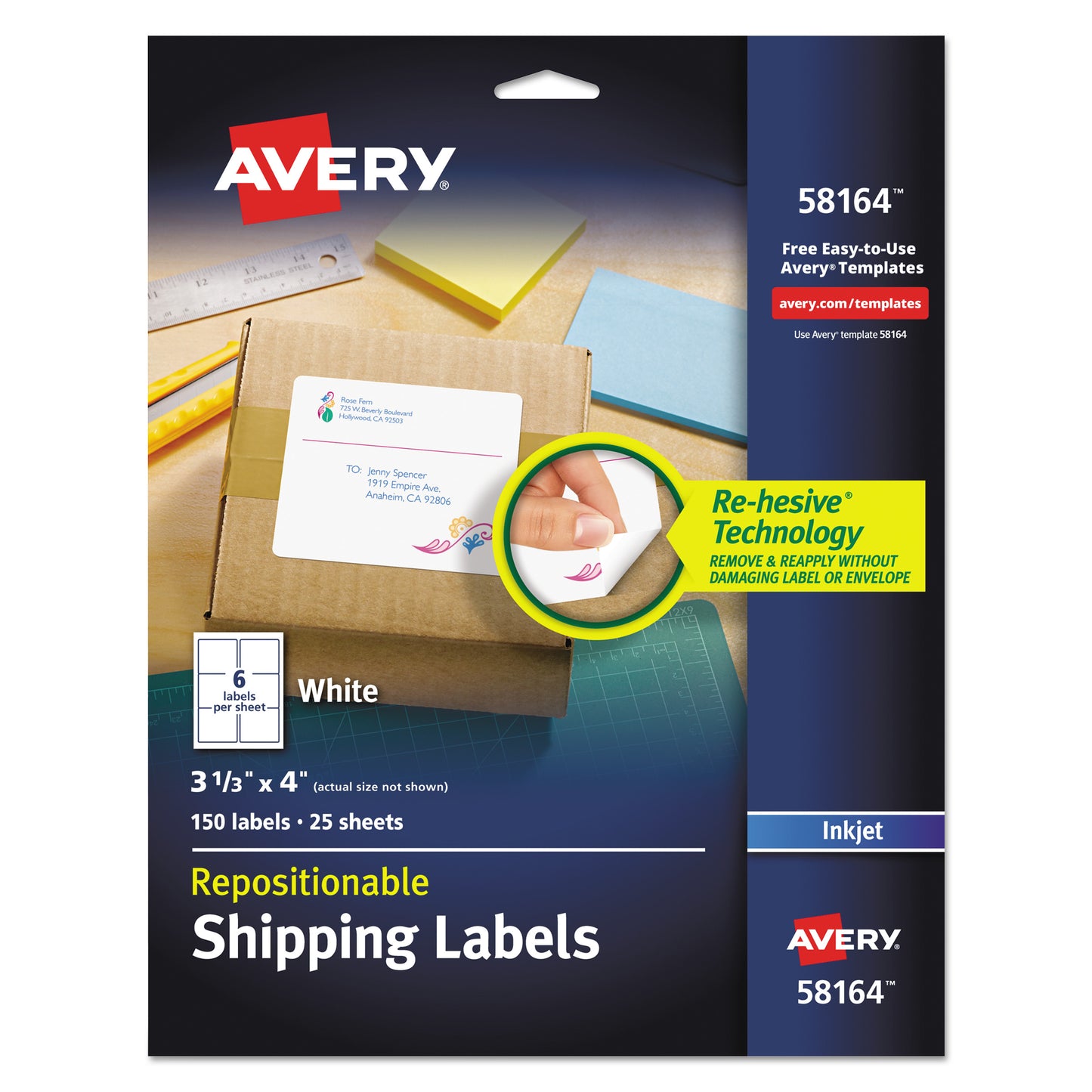 Avery Repositionable Shipping Labels w/SureFeed, Inkjet, 3.33 x 4, White, 150/Box (58164)