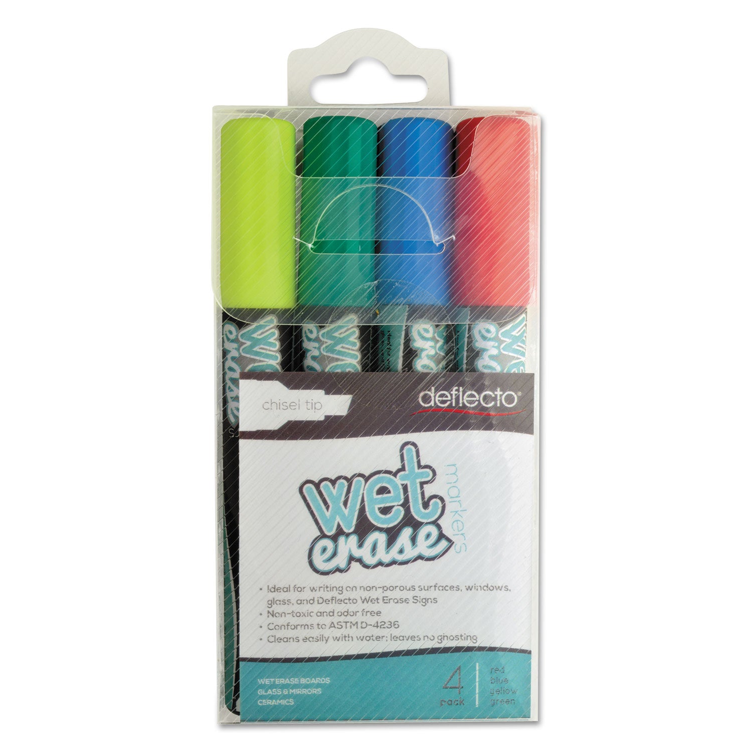 Deflecto Wet Erase Markers, Medium Chisel Tip, Assorted Colors, 4/Pack (SMA510V4)