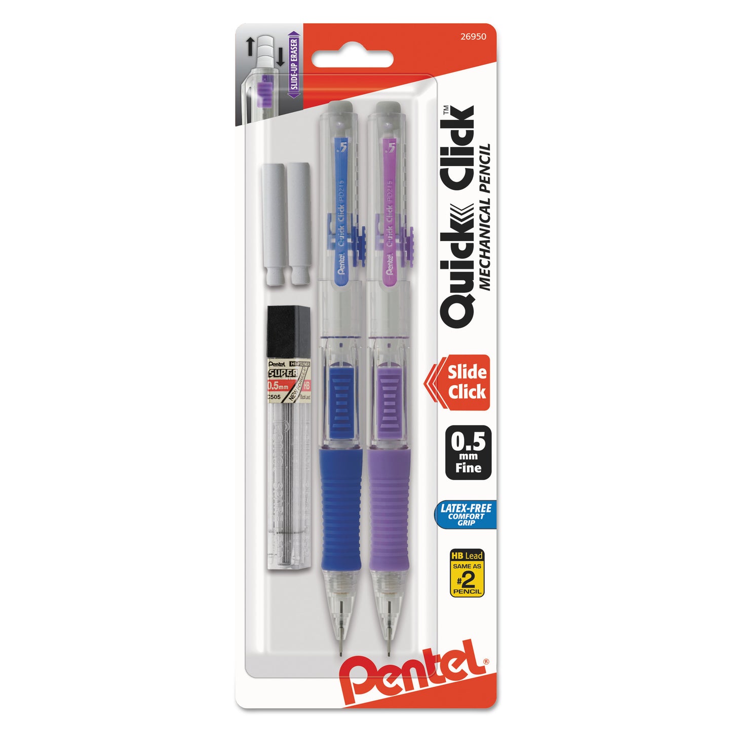 Pentel QUICK CLICK Mechanical Pencils with Tube of Lead/Erasers, 0.5 mm, HB (#2), Black Lead, Assorted Barrel Colors, 2/Pack (PD215LEBP2)