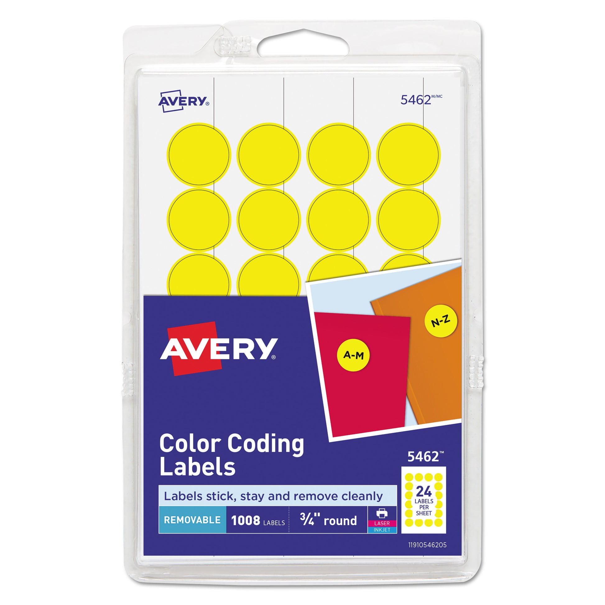 Avery Printable Self-Adhesive Removable Color-Coding Labels, 0.75" dia, Yellow, 24/Sheet, 42 Sheets/Pack, (5462) (05462)