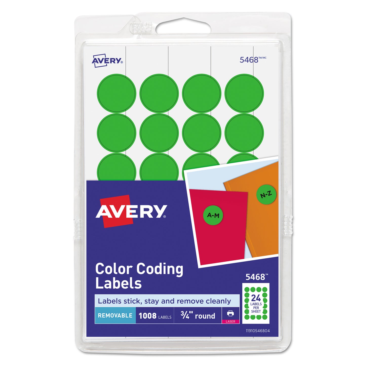 Avery Printable Self-Adhesive Removable Color-Coding Labels, 0.75" dia, Neon Green, 24/Sheet, 42 Sheets/Pack, (5468) (05468)