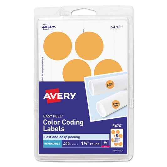 Avery Printable Self-Adhesive Removable Color-Coding Labels, 1.25" dia, Neon Orange, 8/Sheet, 50 Sheets/Pack, (5476) (05476)