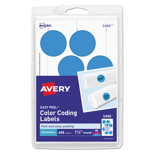 Avery Printable Self-Adhesive Removable Color-Coding Labels, 1.25" dia, Light Blue, 8/Sheet, 50 Sheets/Pack, (5496) (05496)