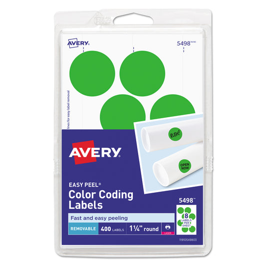 Avery Printable Self-Adhesive Removable Color-Coding Labels, 1.25" dia, Neon Green, 8/Sheet, 50 Sheets/Pack, (5498) (05498)