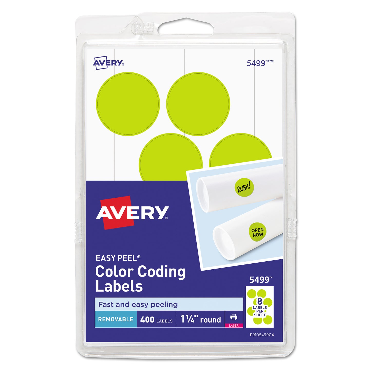 Avery Printable Self-Adhesive Removable Color-Coding Labels, 1.25" dia, Neon Yellow, 8/Sheet, 50 Sheets/Pack, (5499) (05499)