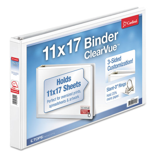 Cardinal ClearVue Slant-D Ring Binder, 3 Rings, 1" Capacity, 11 x 17, White (22112)