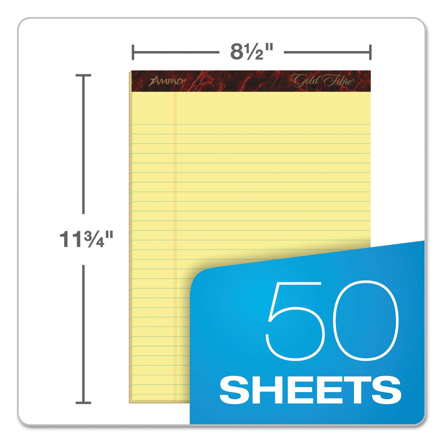 Ampad Gold Fibre Quality Writing Pads, Wide/Legal Rule, 50 Canary-Yellow 8.5 x 11.75 Sheets, Dozen (20020)