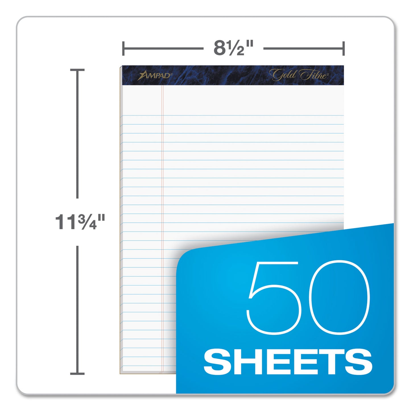 Ampad Gold Fibre Quality Writing Pads, Wide/Legal Rule, 50 White 8.5 x 11.75 Sheets, Dozen (20070)