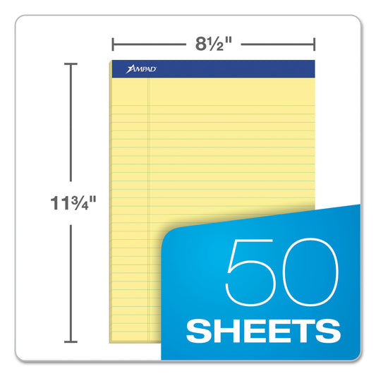 Ampad Perforated Writing Pads, Wide/Legal Rule, 50 Canary Yellow 8.5 x 11.75 Sheets, Dozen (20220)