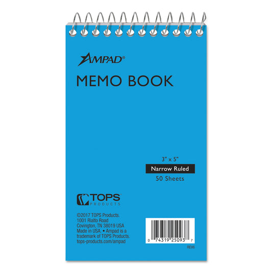 Ampad Memo Pads, Narrow Rule, Randomly Assorted Cover Colors, 50 White 3 x 5 Sheets (25093)