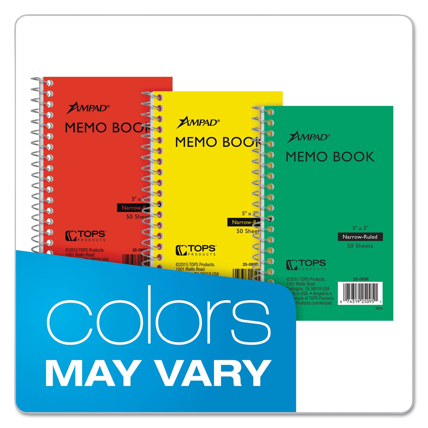 Ampad Memo Books, Narrow Rule, Randomly Assorted Cover Color, (50) 5 x 3 Sheets (25095)