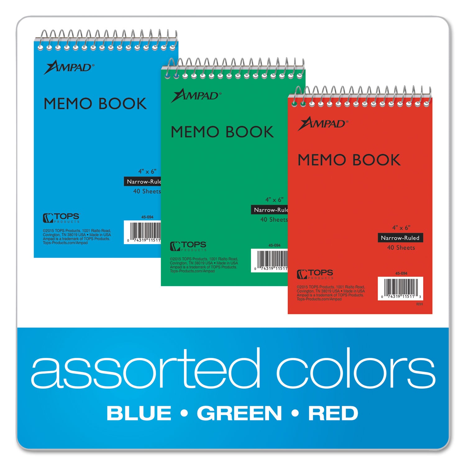 Ampad Memo Pads, Narrow Rule, Assorted Cover Colors, 40 White 4 x 6 Sheets, 3/Pack (45094)