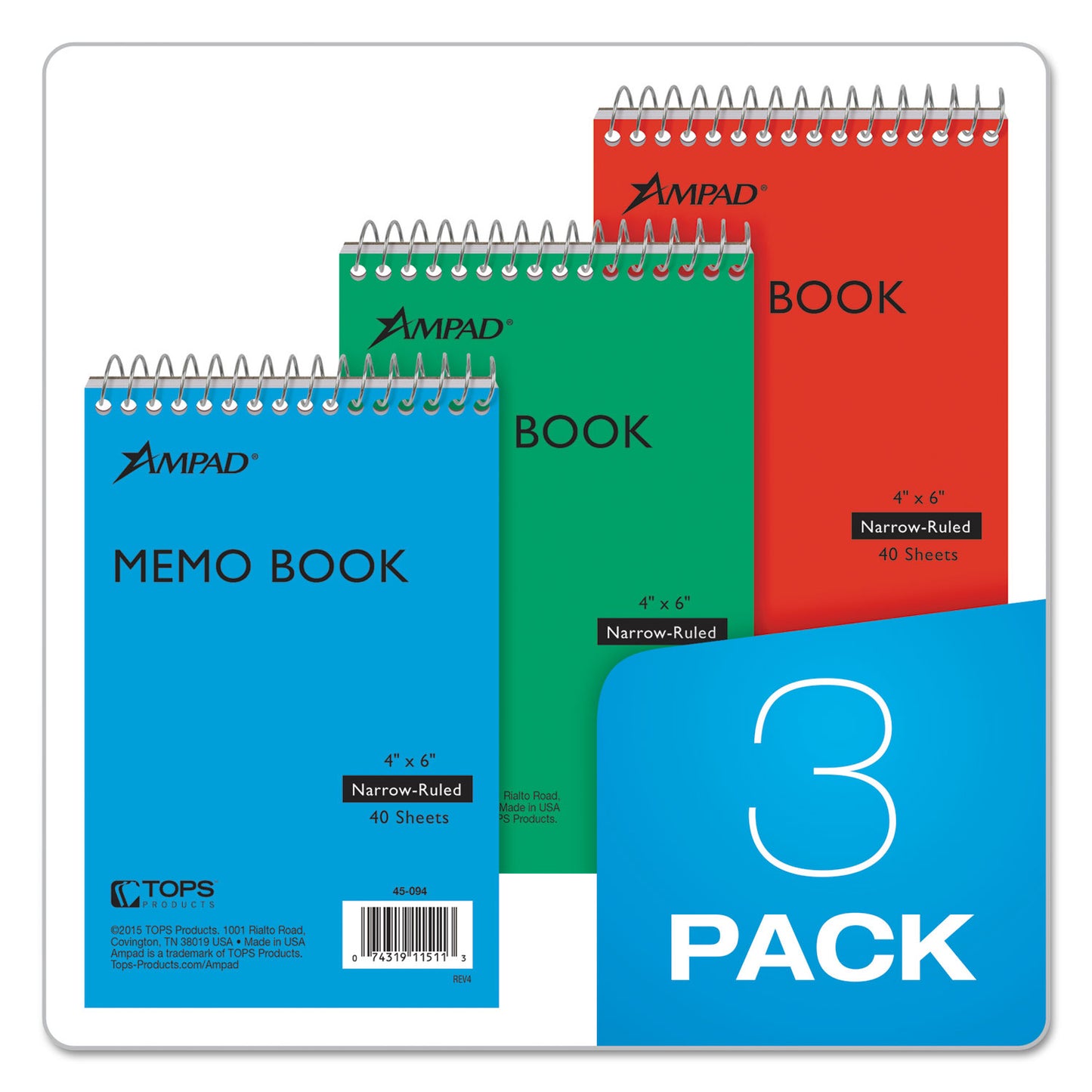 Ampad Memo Pads, Narrow Rule, Assorted Cover Colors, 40 White 4 x 6 Sheets, 3/Pack (45094)