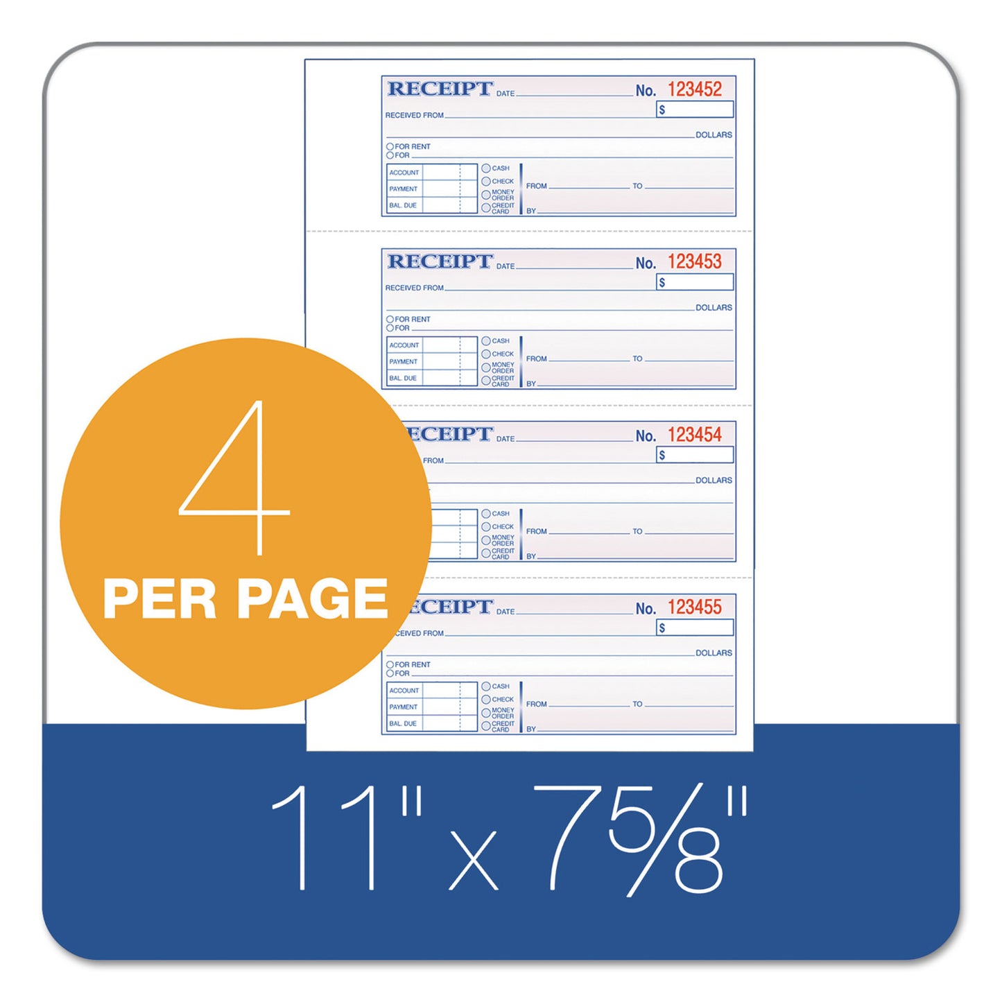 Adams Receipt Book, Three-Part Carbonless, 7.19 x 2.75, 4 Forms/Sheet, 100 Forms Total (TC1182)