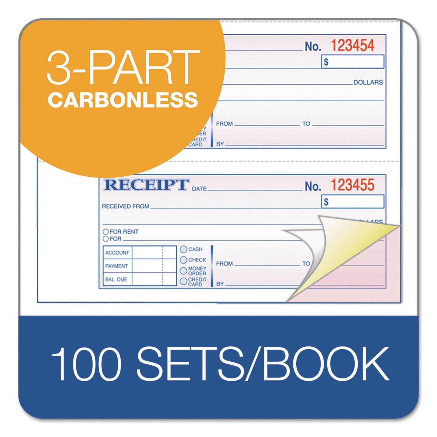 Adams Receipt Book, Three-Part Carbonless, 7.19 x 2.75, 4 Forms/Sheet, 100 Forms Total (TC1182)