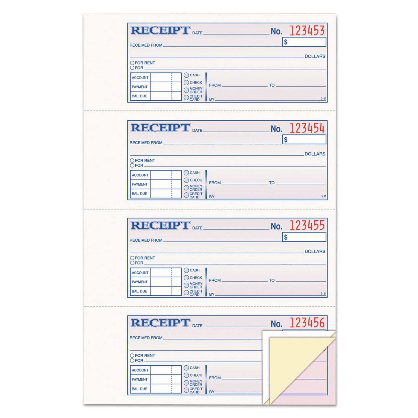 Adams Receipt Book, Three-Part Carbonless, 7.19 x 2.75, 4 Forms/Sheet, 100 Forms Total (TC1182)