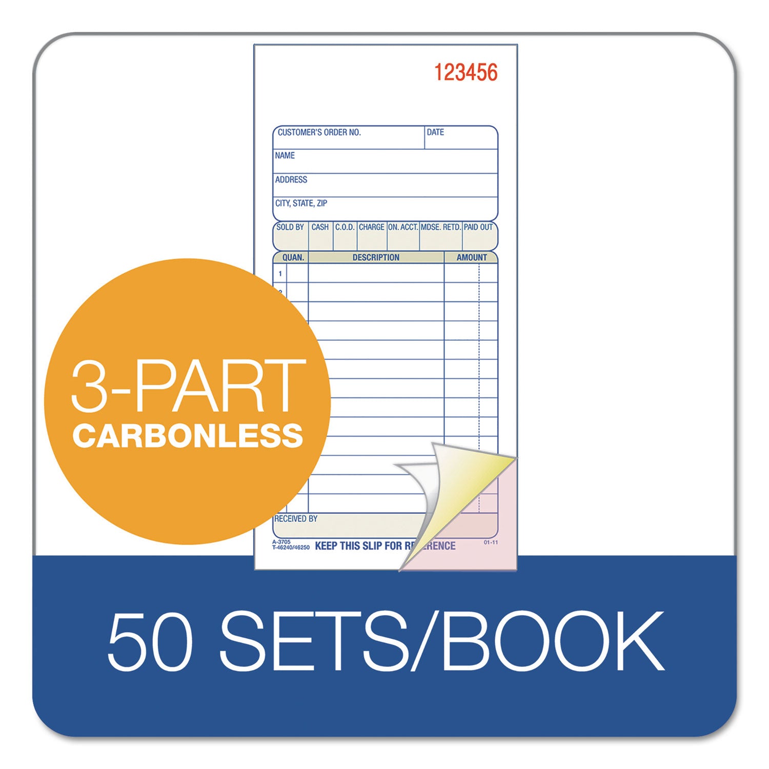Adams 3-Part Sales Book, Three-Part Carbonless, 3.25 x 7.13, 50 Forms Total (TC3705)