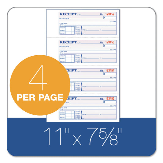 Adams TOPS 3-Part Hardbound Receipt Book, Three-Part Carbonless, 7 x 2.75, 4 Forms/Sheet, 200 Forms Total (TCH1185)