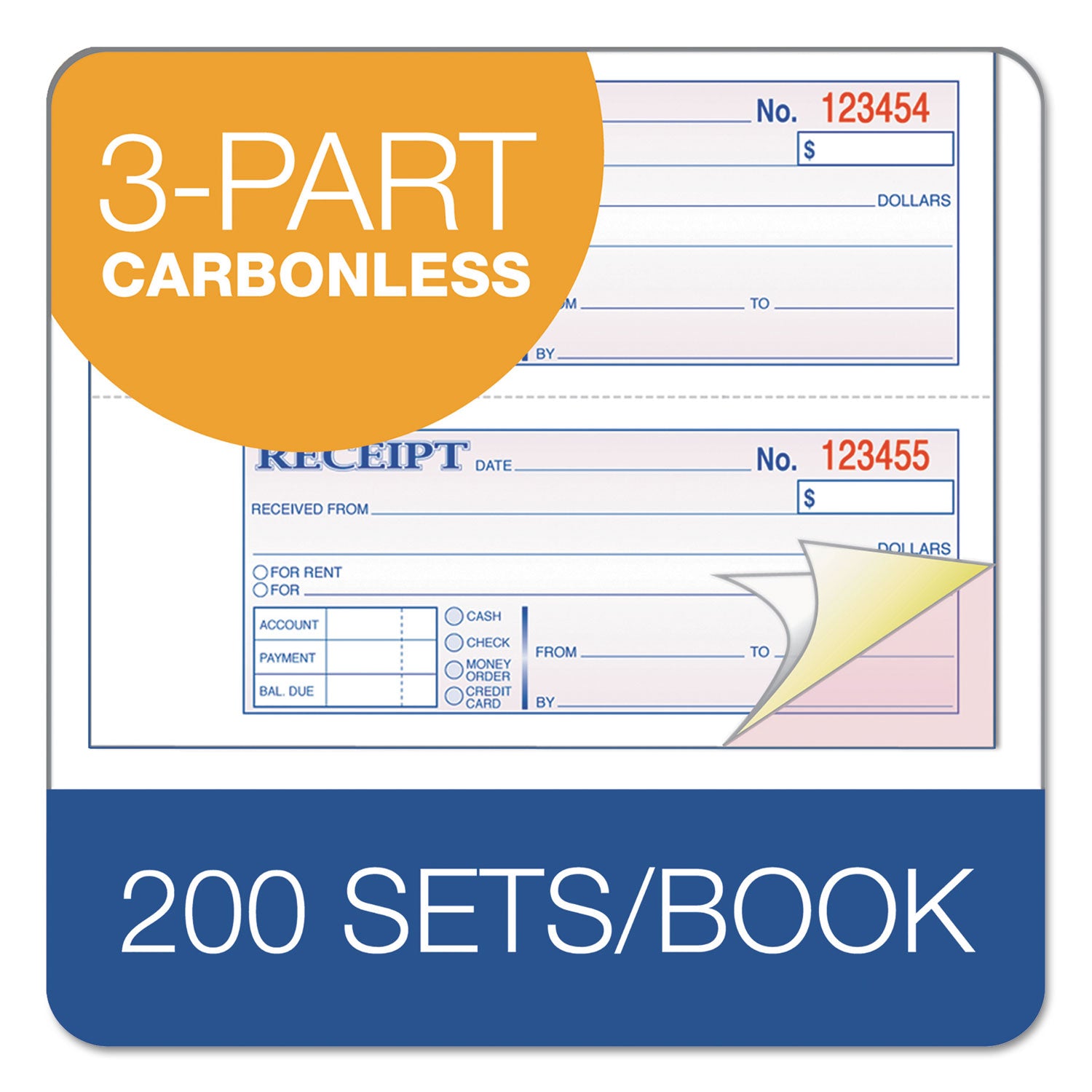 Adams TOPS 3-Part Hardbound Receipt Book, Three-Part Carbonless, 7 x 2.75, 4 Forms/Sheet, 200 Forms Total (TCH1185)