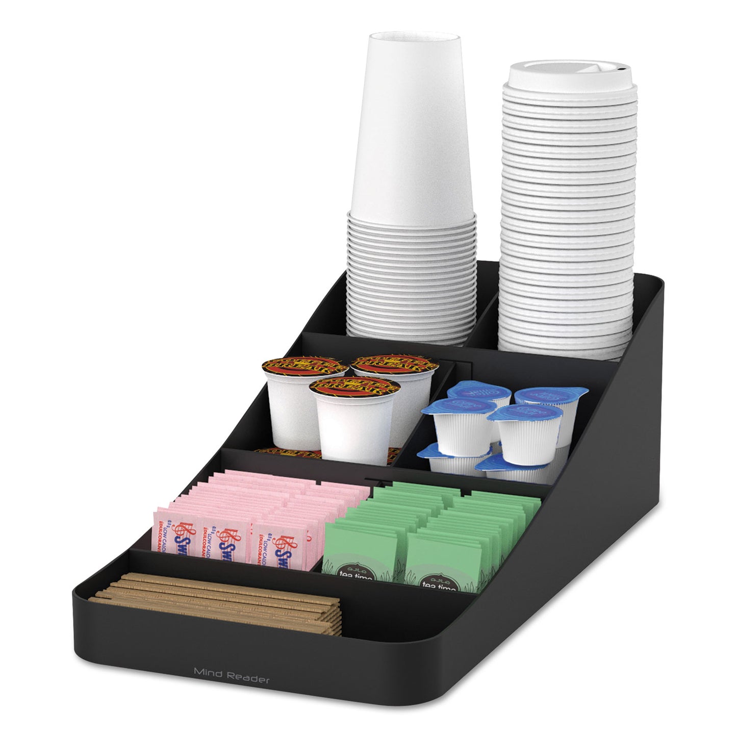 Mind Reader Trove Seven-Compartment Coffee Condiment Organizer, 7.75 x 16 x 5.25, Black (COMP7BLK)