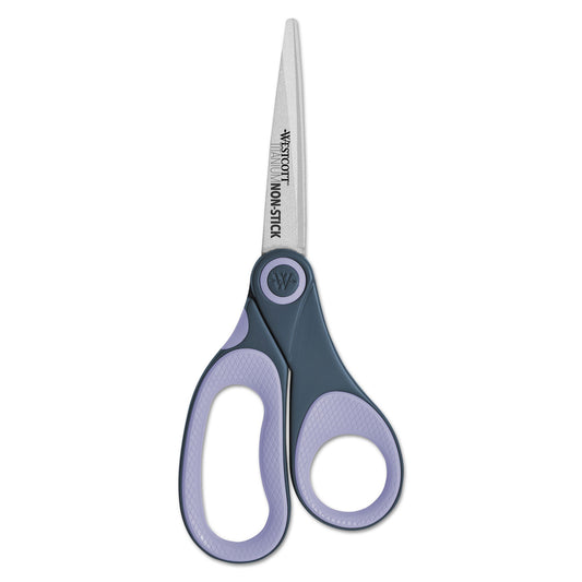 Westcott Non-Stick Titanium Bonded Scissors, 8" Long, 3.25" Cut Length, Straight Gray/Purple Handle (14910)