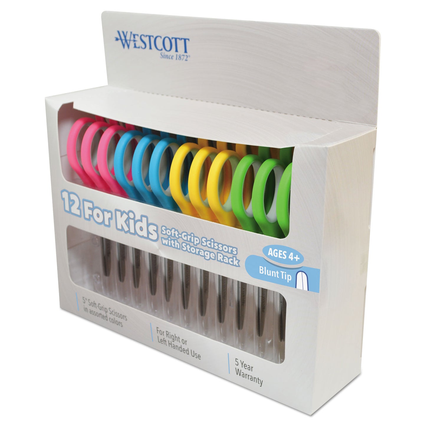 Westcott Soft Handle Kids Scissors, Rounded Tip, 5" Long, 1.75" Cut Length, Straight Assorted Color Handles, 12/Pack (15971)