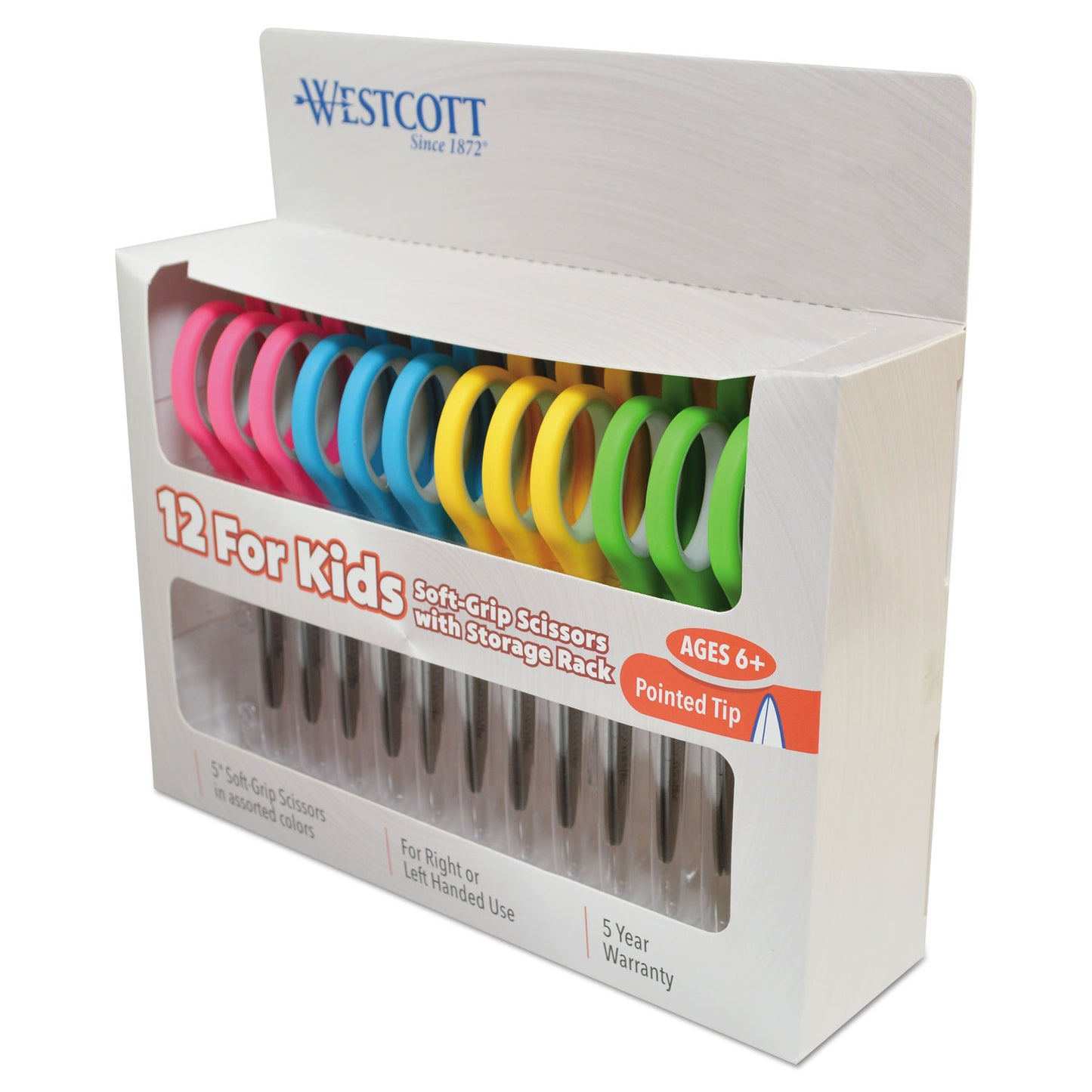 Westcott Soft Handle Kids Scissors, Pointed Tip, 5" Long, 1.75" Cut Length, Straight Assorted Color Handles, 12/Pack (15972)