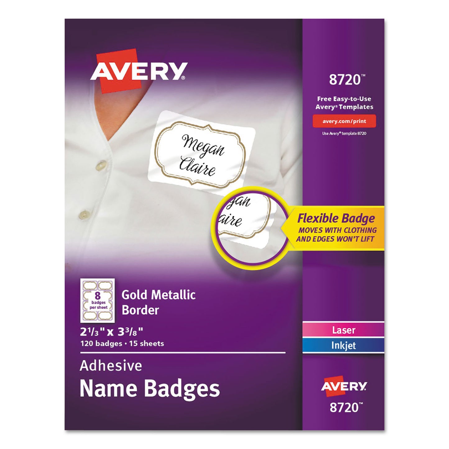 Avery Flexible Adhesive Name Badge Labels, 3 3/8 x 2 1/3, White/Gold Border, 120/PK (8720)