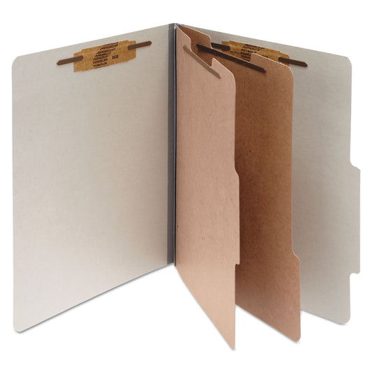 Acco Pressboard Classification Folders, 3" Expansion, 2 Dividers, 6 Fasteners, Letter Size, Mist Gray Exterior, 10/Box (15056)