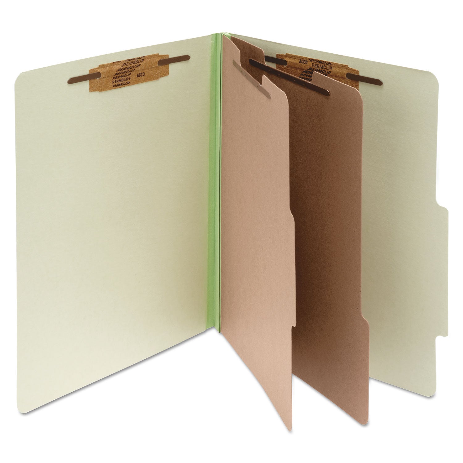 Acco Pressboard Classification Folders, 3" Expansion, 2 Dividers, 6 Fasteners, Letter Size, Leaf Green Exterior, 10/Box (15046)