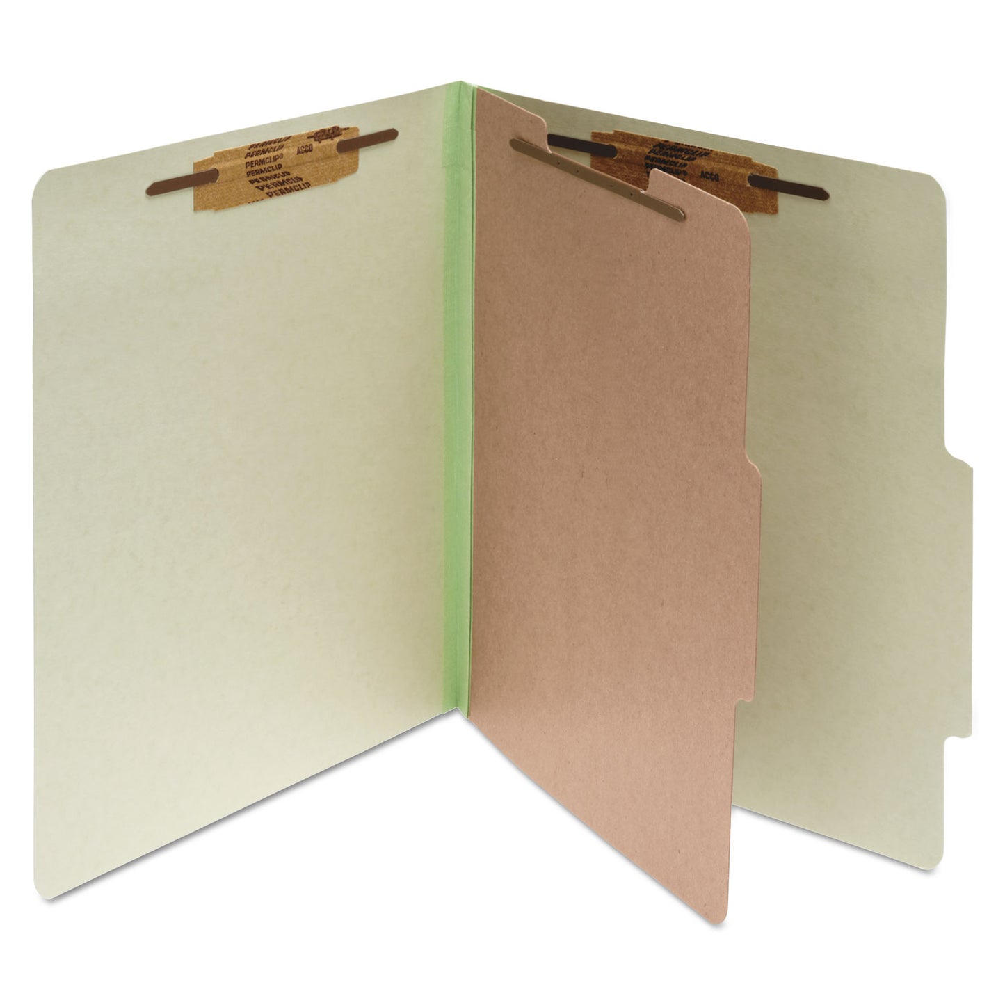Acco Pressboard Classification Folders, 2" Expansion, 1 Divider, 4 Fasteners, Letter Size, Leaf Green Exterior, 10/Box (15044)