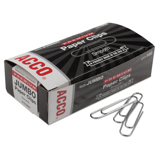 Acco Premium Heavy-Gauge Wire Paper Clips, Jumbo, Smooth, Silver, 100 Clips/Box, 10 Boxes/Pack (72500)