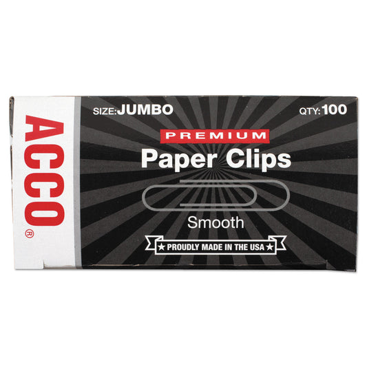 Acco Premium Heavy-Gauge Wire Paper Clips, Jumbo, Smooth, Silver, 100 Clips/Box, 10 Boxes/Pack (72500)