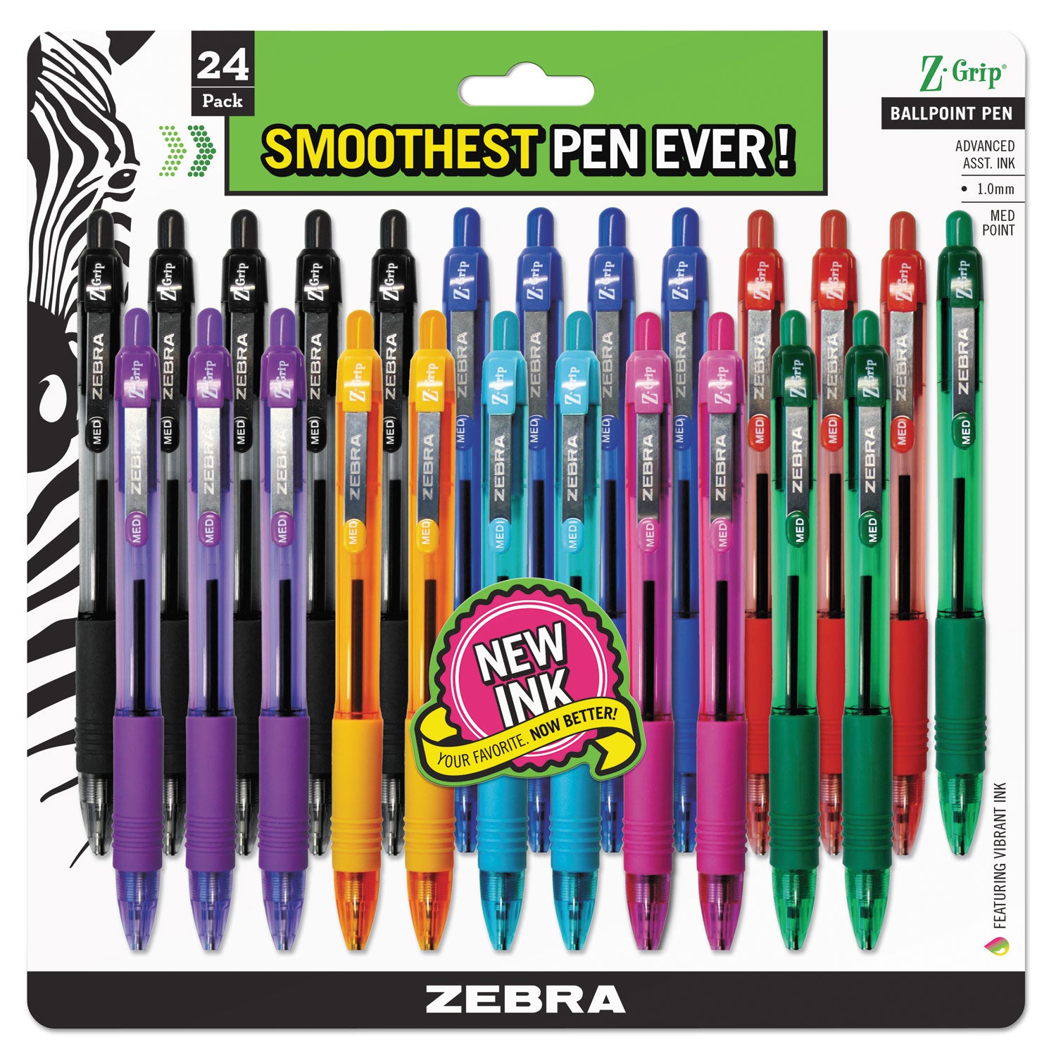 Zebra Z-Grip Ballpoint Pen, Retractable, Medium 1 mm, Assorted Business and Artistic Ink Colors, Assorted Barrel Colors, 24/Pack (12223)