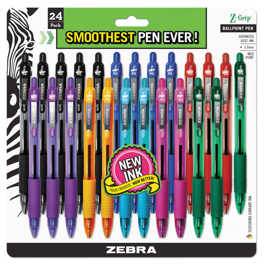 Zebra Z-Grip Ballpoint Pen, Retractable, Medium 1 mm, Assorted Business and Artistic Ink Colors, Assorted Barrel Colors, 24/Pack (12223)