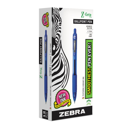 Zebra Z-Grip Ballpoint Pen, Retractable, Medium 1 mm, Blue Ink, Translucent Blue/Blue Barrel, 12/Pack (22220)