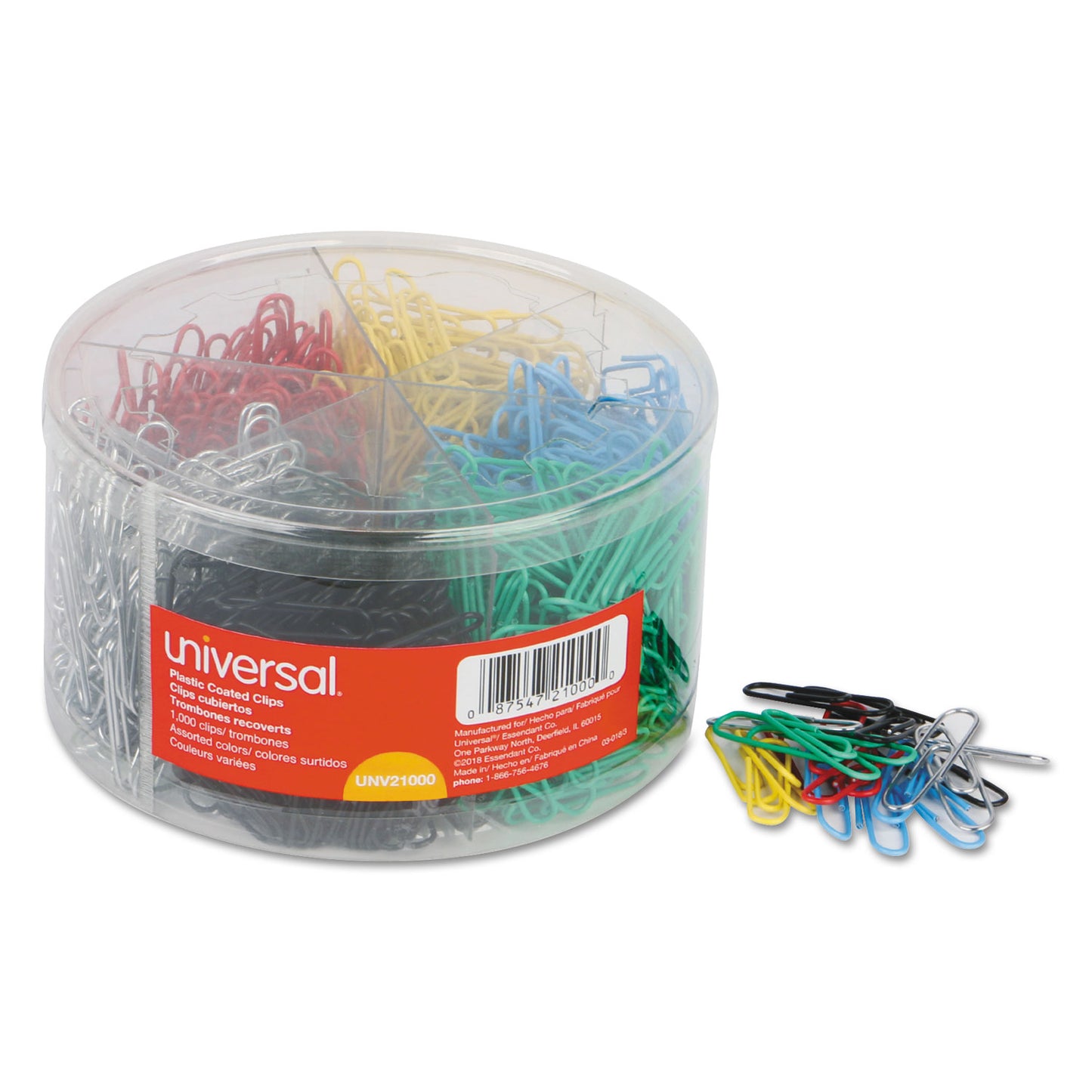 Universal Plastic-Coated Paper Clips with Six-Compartment Dispenser Tub, #3, Assorted Colors, 1,000/Pack (21000)