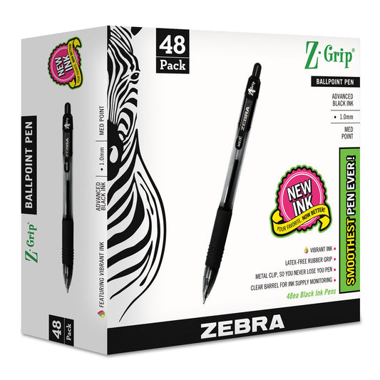 Zebra Z-Grip Ballpoint Pen, Retractable, Medium 1 mm, Black Ink, Clear/Black Barrel, 48/Pack (22148)