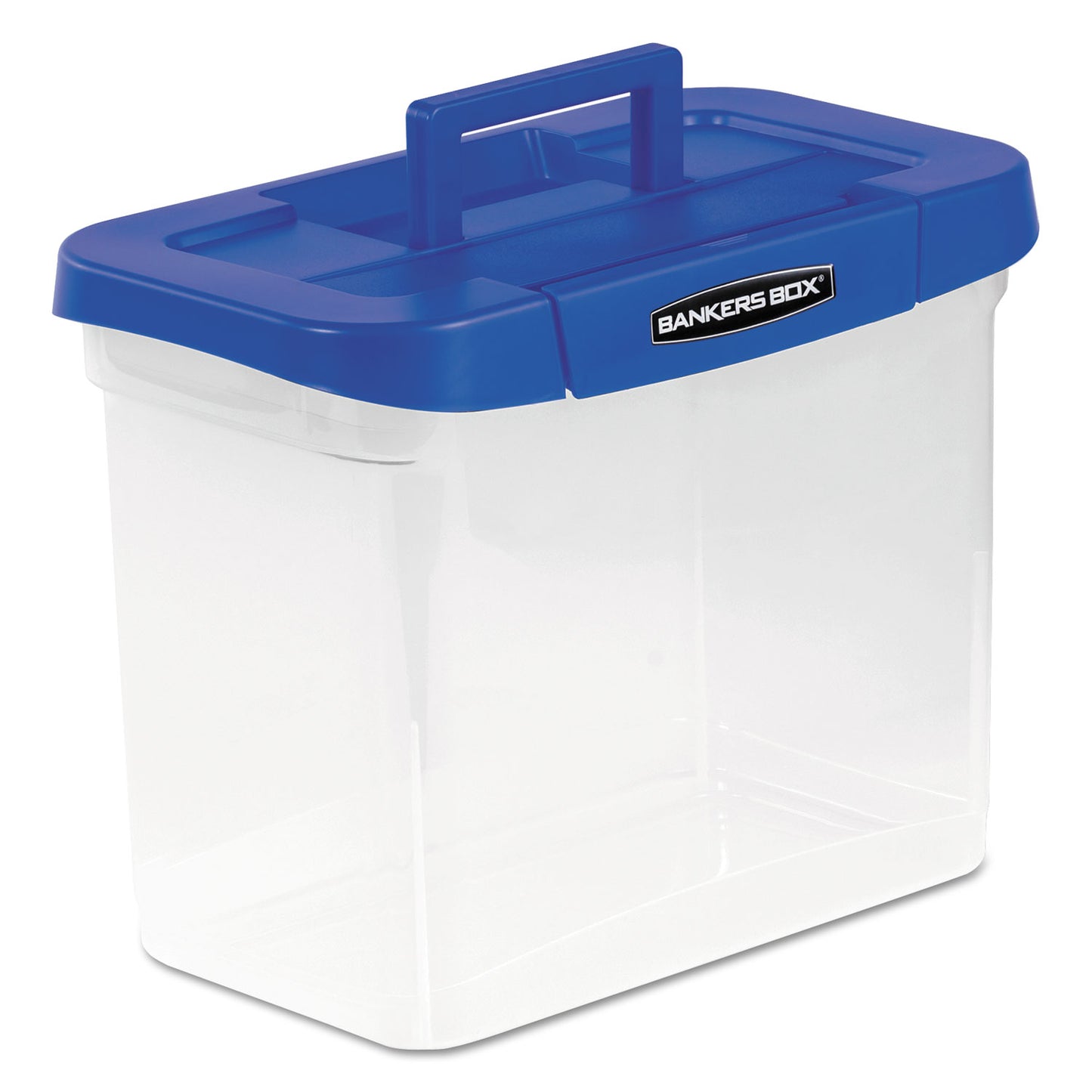 Bankers Box Heavy-Duty Portable File Box, Letter Files, 14.25" x 8.63" x 11.06", Clear/Blue (0086301)