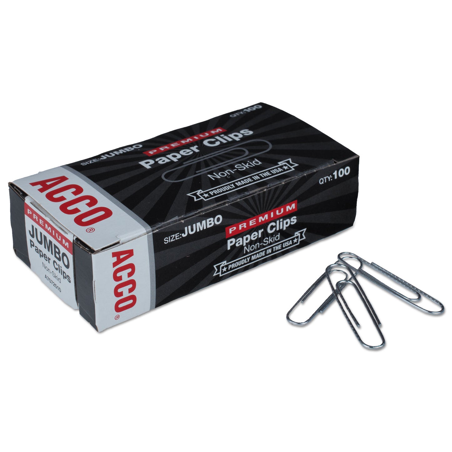 Acco Premium Heavy-Gauge Wire Paper Clips, Jumbo, Nonskid, Silver, 100 Clips/Box, 10 Boxes/Pack (72510)